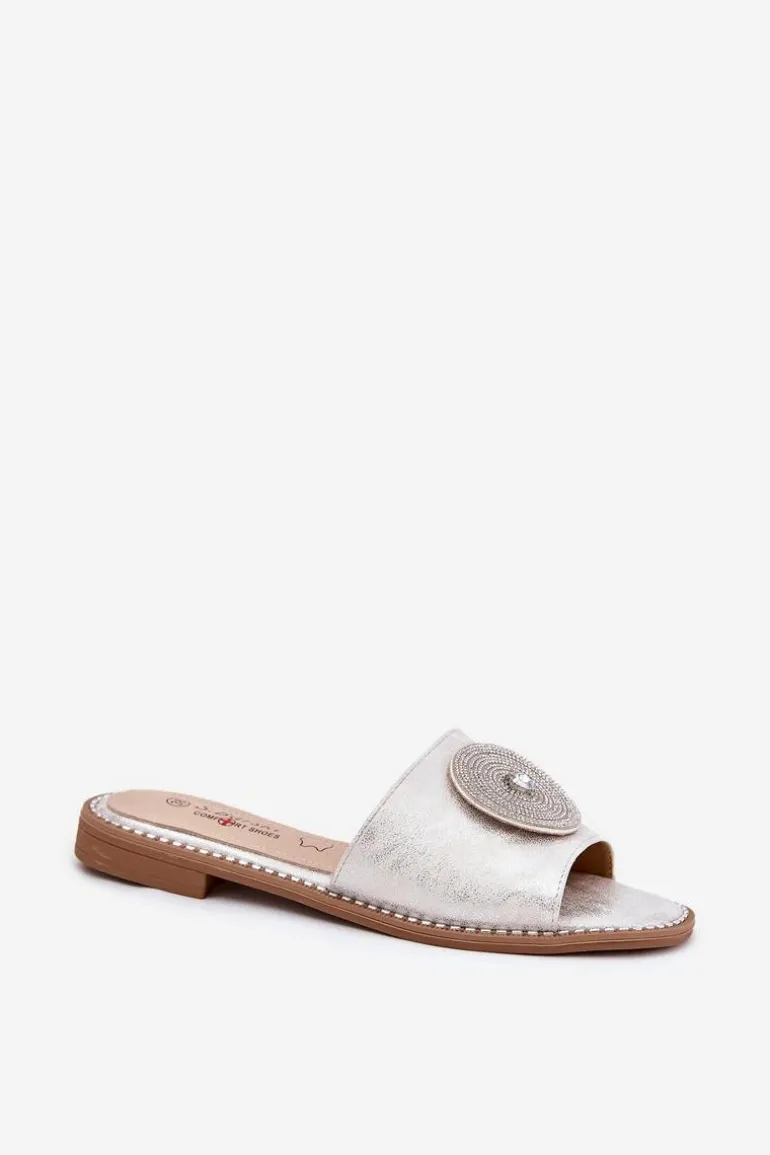 Klapki Damskie Na Płaskim Obcasie Z Ozdobą S.Barski KV51-013 Srebrne