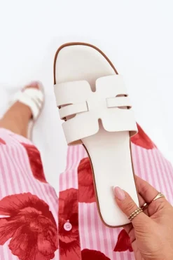 Klapki Damskie Na Płaskim Obcasie Z Wycięciami Eko Skórzane Białe Ecapus