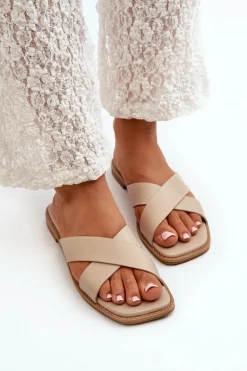 Klapki Damskie Na Płaskim Obcasie Z Eko Skóry S.Barski KV27-002 Beżowe