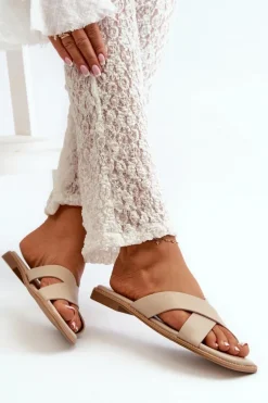 Klapki Damskie Na Płaskim Obcasie Z Eko Skóry S.Barski KV27-002 Beżowe