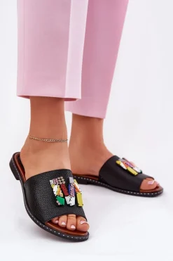 Klapki Damskie Na Płaskim Obcasie Z Ozdobą Czarne Clelione