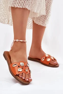 Klapki Damskie Na Płaskim Obcasie Ze Złotymi Przypinkami Pomarańczowe Nalothiel