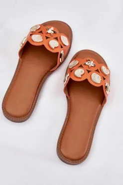 Klapki Damskie Na Płaskim Obcasie Ze Złotymi Przypinkami Pomarańczowe Nalothiel