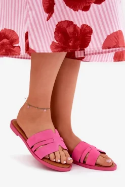 Klapki Damskie Na Płaskim Obcasie Z Wycięciami Eko Zamszowe Fuksja Teterre