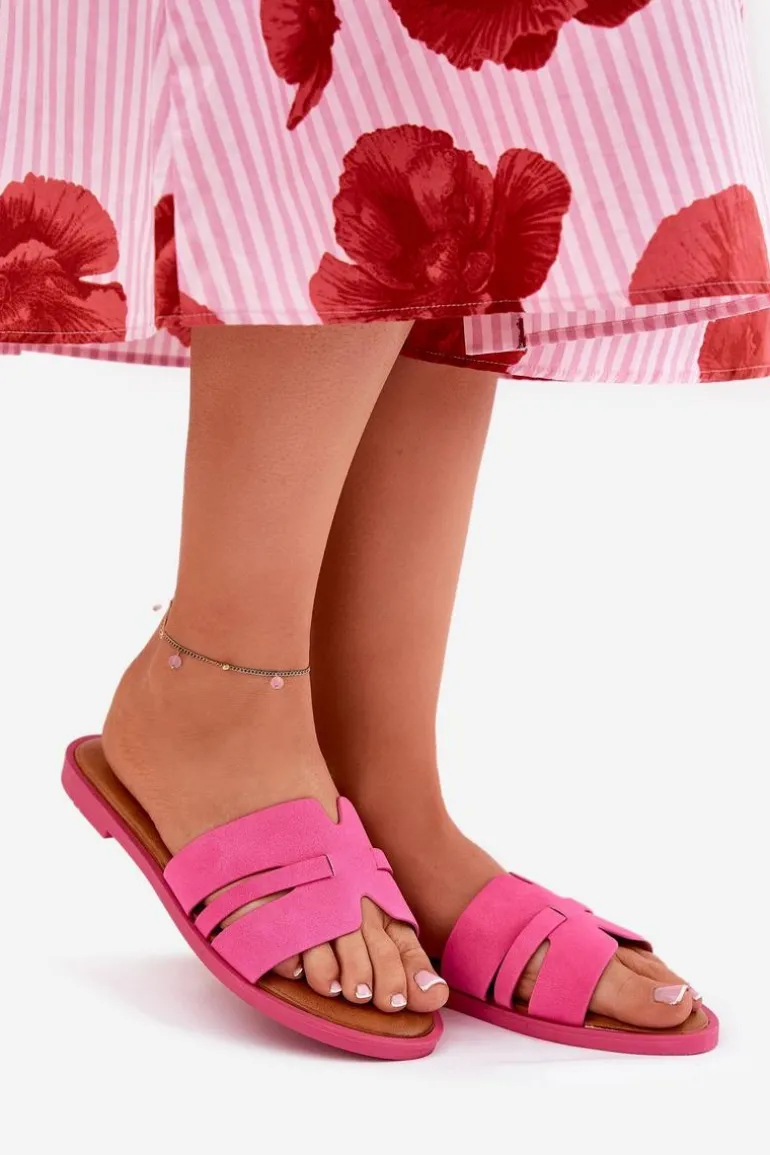 Klapki Damskie Na Płaskim Obcasie Z Wycięciami Eko Zamszowe Fuksja Teterre