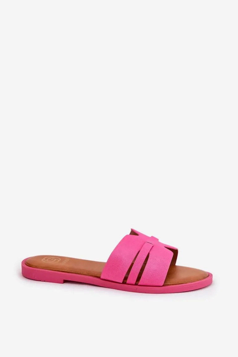 Klapki Damskie Na Płaskim Obcasie Z Wycięciami Eko Zamszowe Fuksja Teterre