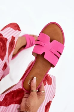 Klapki Damskie Na Płaskim Obcasie Z Wycięciami Eko Zamszowe Fuksja Teterre