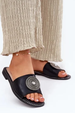 Klapki Damskie Na Płaskim Obcasie Z Ozdobą S.Barski KV51-013 Czarne