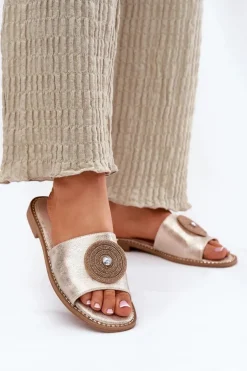 Klapki Damskie Na Płaskim Obcasie Z Ozdobą S.Barski KV51-013 Złote