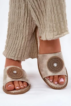 Klapki Damskie Na Płaskim Obcasie Z Ozdobą S.Barski KV51-013 Złote