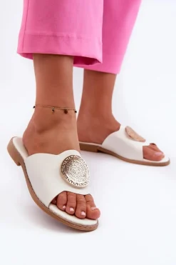 Klapki Damskie Na Płaskim Obcasie Z Ozdobą Białe Rivashea