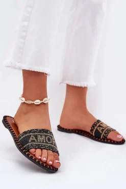 Klapki Damskie Na Płaskim Obcasie Ze Zdobieniem Czarne Dorfedi