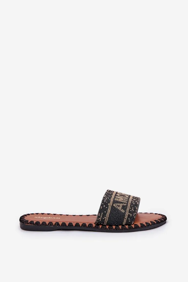 Klapki Damskie Na Płaskim Obcasie Ze Zdobieniem Czarne Dorfedi