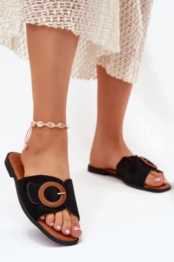 Klapki Damskie Na Płaskim Obcasie Z Klamrą Czarne Lanoni