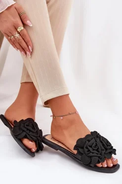 Klapki Damskie Na Płaskim Obcasie Z Ozdobnymi Kwiatami Czarne Misorsse
