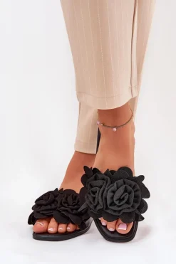 Klapki Damskie Na Płaskim Obcasie Z Ozdobnymi Kwiatami Czarne Misorsse