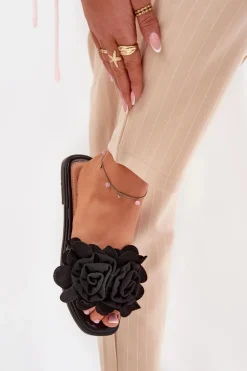 Klapki Damskie Na Płaskim Obcasie Z Ozdobnymi Kwiatami Czarne Misorsse