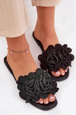 Klapki Damskie Na Płaskim Obcasie Z Ozdobnymi Kwiatami Czarne Misorsse