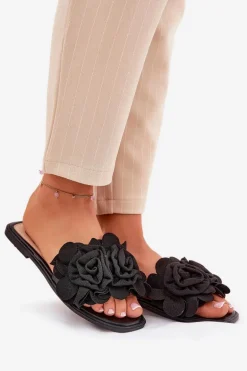 Klapki Damskie Na Płaskim Obcasie Z Ozdobnymi Kwiatami Czarne Misorsse