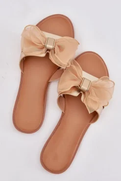 Klapki Damskie Na Płaskim Obcasie Z Tiulową Kokardą Złote Tanira