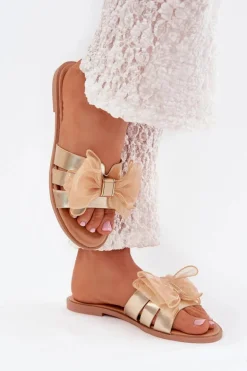 Klapki Damskie Na Płaskim Obcasie Z Tiulową Kokardą Złote Tanira