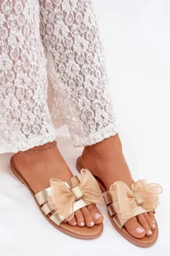 Klapki Damskie Na Płaskim Obcasie Z Tiulową Kokardą Złote Tanira