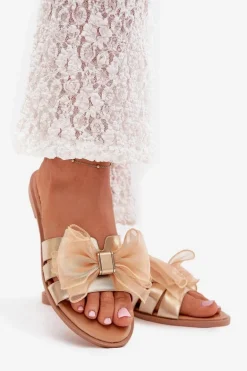 Klapki Damskie Na Płaskim Obcasie Z Tiulową Kokardą Złote Tanira