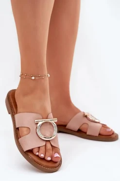 Klapki Damskie Na Płaskim Obcasie Z Ozdobą Vinceza 17381 Beżowe