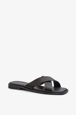 Klapki Damskie Na Płaskim Obcasie Z Eko Skóry S.Barski KV27-002 Czarne