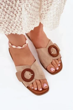 Klapki Damskie Na Płaskim Obcasie Z Klamrą Beżowe Lanoni