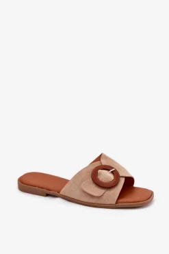 Klapki Damskie Na Płaskim Obcasie Z Klamrą Beżowe Lanoni