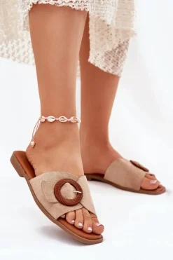 Klapki Damskie Na Płaskim Obcasie Z Klamrą Beżowe Lanoni