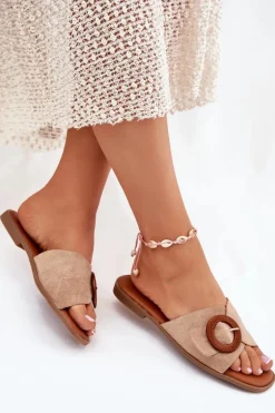 Klapki Damskie Na Płaskim Obcasie Z Klamrą Beżowe Lanoni