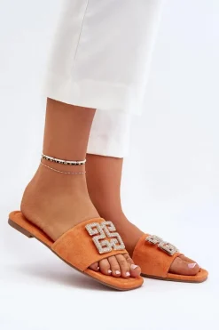Klapki Damskie Na Płaskim Obcasie Z Ozdobą Pomarańczowe Inaile