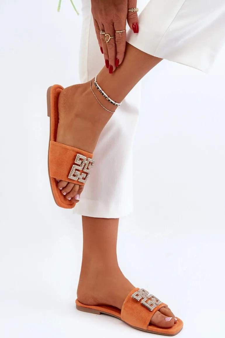 Klapki Damskie Na Płaskim Obcasie Z Ozdobą Pomarańczowe Inaile