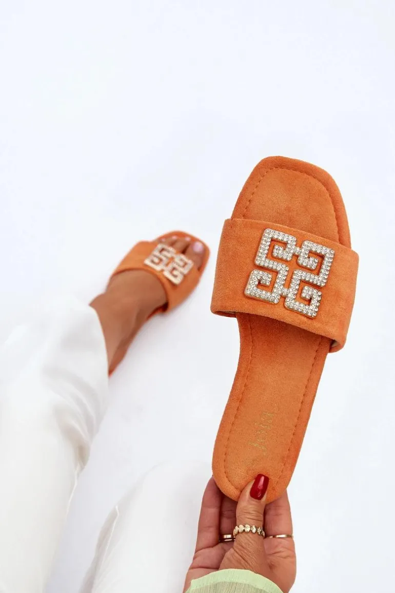 Klapki Damskie Na Płaskim Obcasie Z Ozdobą Pomarańczowe Inaile