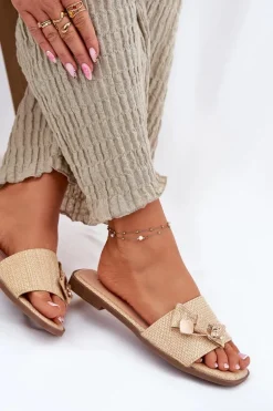 Klapki Damskie Na Płaskim Obcasie Z Kokardą Beżowe Sallariela