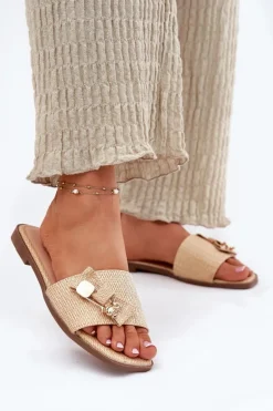 Klapki Damskie Na Płaskim Obcasie Z Kokardą Beżowe Sallariela