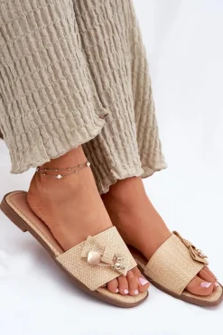 Klapki Damskie Na Płaskim Obcasie Z Kokardą Beżowe Sallariela