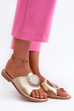 Klapki Damskie Na Płaskim Obcasie Z Ozdobą Złote Rivashea