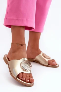 Klapki Damskie Na Płaskim Obcasie Z Ozdobą Złote Rivashea