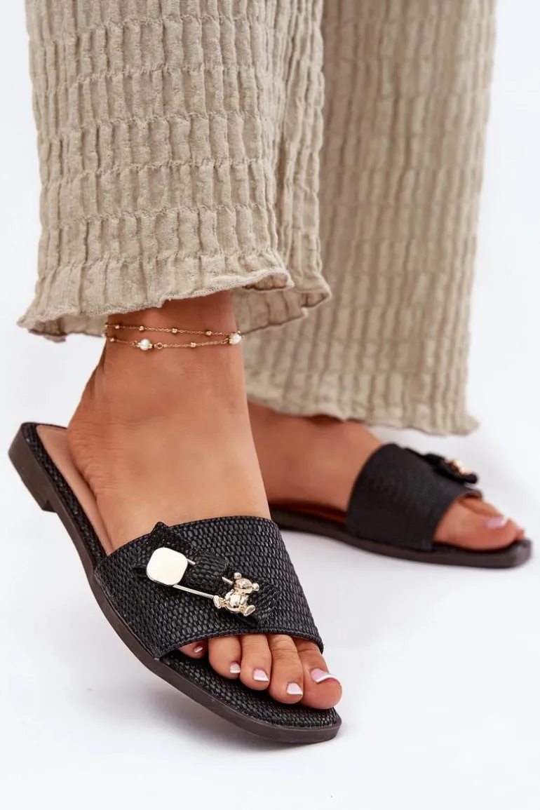 Klapki Damskie Na Płaskim Obcasie Z Kokardą Czarne Sallariela