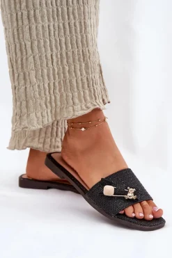 Klapki Damskie Na Płaskim Obcasie Z Kokardą Czarne Sallariela