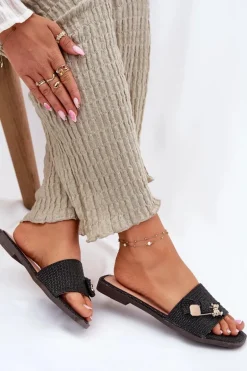 Klapki Damskie Na Płaskim Obcasie Z Kokardą Czarne Sallariela