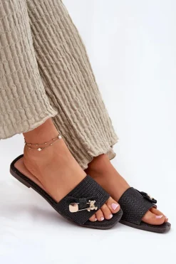 Klapki Damskie Na Płaskim Obcasie Z Kokardą Czarne Sallariela