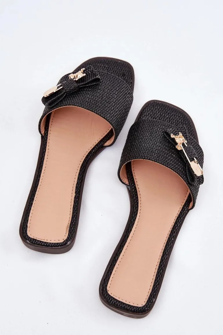 Klapki Damskie Na Płaskim Obcasie Z Kokardą Czarne Sallariela