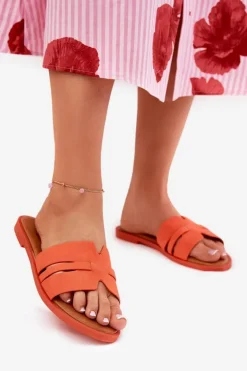 Klapki Damskie Na Płaskim Obcasie Z Wycięciami Eko Zamszowe Pomarańczowe Teterre