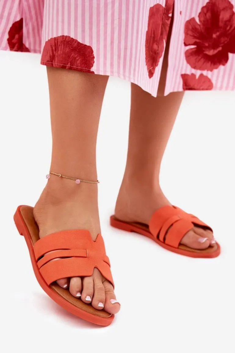 Klapki Damskie Na Płaskim Obcasie Z Wycięciami Eko Zamszowe Pomarańczowe Teterre