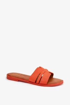 Klapki Damskie Na Płaskim Obcasie Z Wycięciami Eko Zamszowe Pomarańczowe Teterre