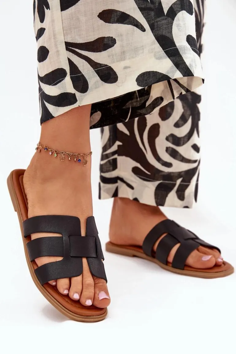 Klapki Damskie Na Płaskim Obcasie Czarne Mirona